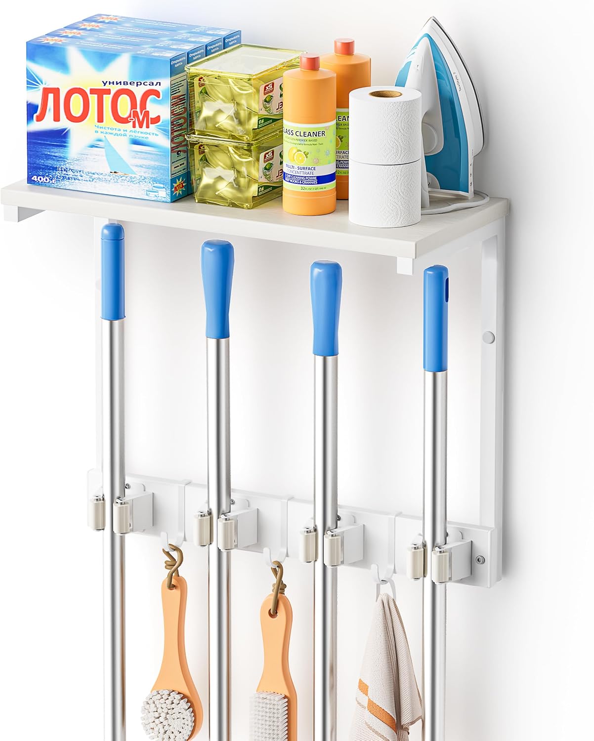 Broom Holder Wall Mount with Cleaning Supplies Organizer, Laundry Room Organization and Storage Shelf with Mop Hanger Rack Gripper Hooks, Utility Shelf Closet Organizer Floating Shelves for Garage