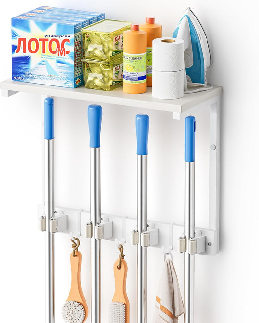 Broom Holder Wall Mount with Cleaning Supplies Organizer, Laundry Room Organization and Storage Shelf with Mop Hanger Rack Gripper Hooks, Utility Shelf Closet Organizer Floating Shelves for Garage