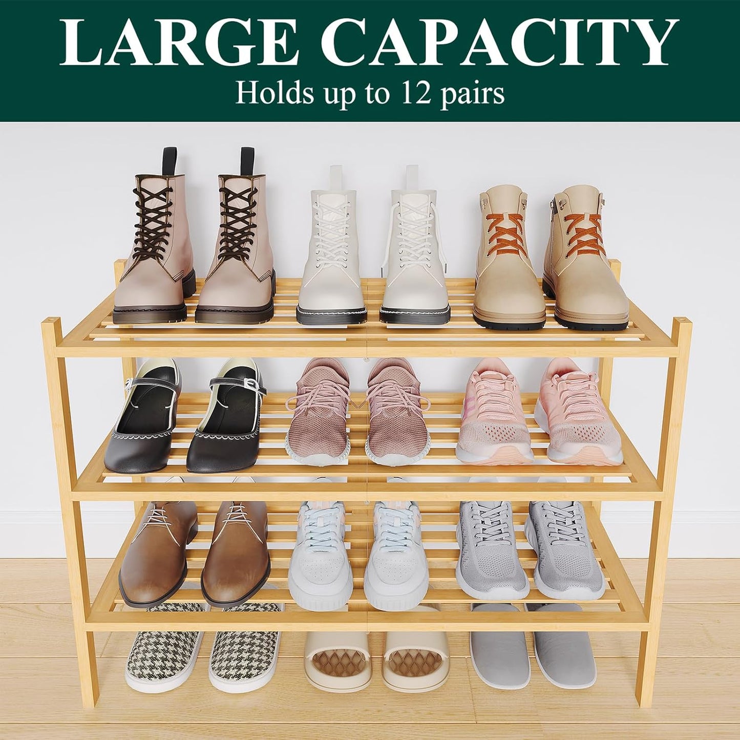 Smiry Bamboo Shoe Rack, 3 Tier Free Standing Wooden Shoe Organizer, Stackable Wood Shoe Storage Shelf for Closet, Entryway, 5 Horizontal Slats, 26.8"x11"x18.3", Natural