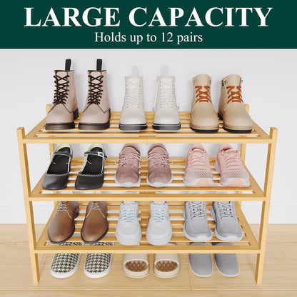 Smiry Bamboo Shoe Rack, 3 Tier Free Standing Wooden Shoe Organizer, Stackable Wood Shoe Storage Shelf for Closet, Entryway, 5 Horizontal Slats, 26.8"x11"x18.3", Natural