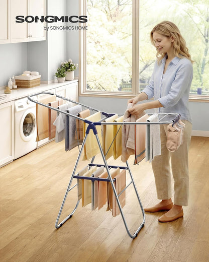 SONGMICS Clothes Drying Rack, Foldable Laundry Drying Rack, Blue | Sock Clips, Metal Clothes Airer with Height-Adjustable Gullwings, Space-Saving, Indoor Outdoor, ULLR505EQ01