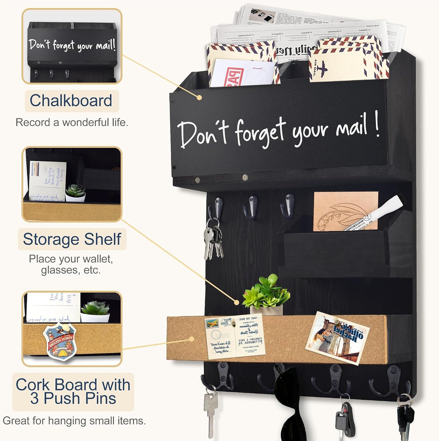 Key Holder for Wall Mount with Shelf and Mail Organizer, Key and Mail Holder with 16 Hooks, Farmhouse Entryway Organizer, Home Decor Rack (Pine Wood, Black)