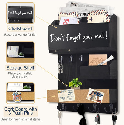 Key Holder for Wall Mount with Shelf and Mail Organizer, Key and Mail Holder with 16 Hooks, Farmhouse Entryway Organizer, Home Decor Rack (Pine Wood, Black)