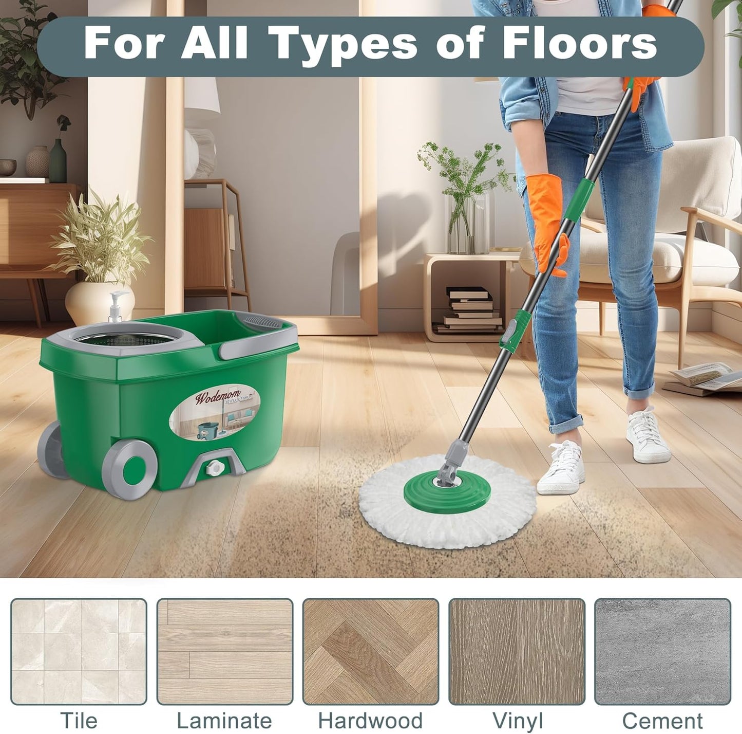 Spin Mop and Bucket System, Mop and Bucket with Wringer Set,Mops for Floor Cleaning,Household Supplies Tools with 6 Replacement Refills,61" Extended Handle for Household Hardwood Floor - Green