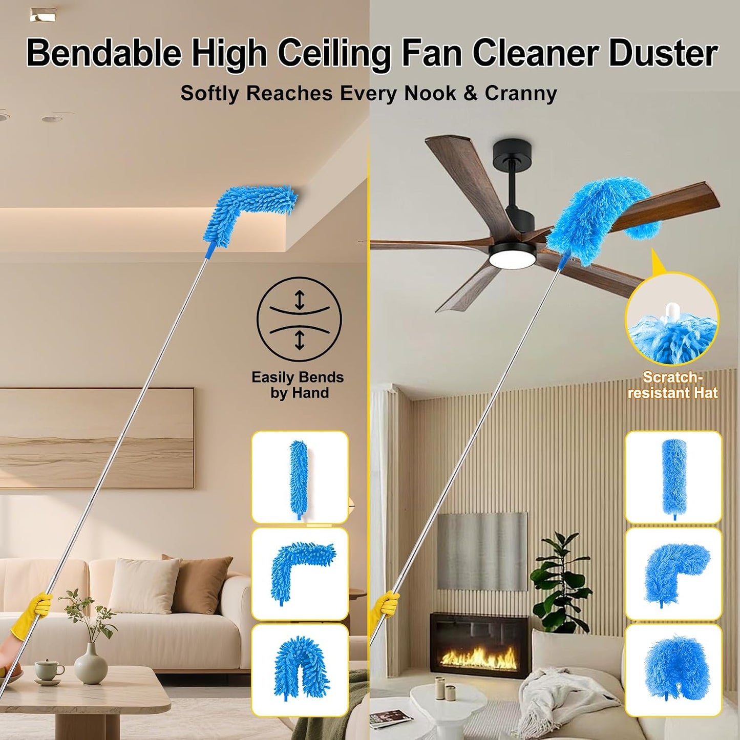 Tiumso Dusters for Cleaning,Microfiber Feather Duster 5-in-1 Kit, Duster with Extension Pole 100 Inches, Cobweb Duster, Microfiber Dusters for High Ceilings and Fans, Blinds and Cars