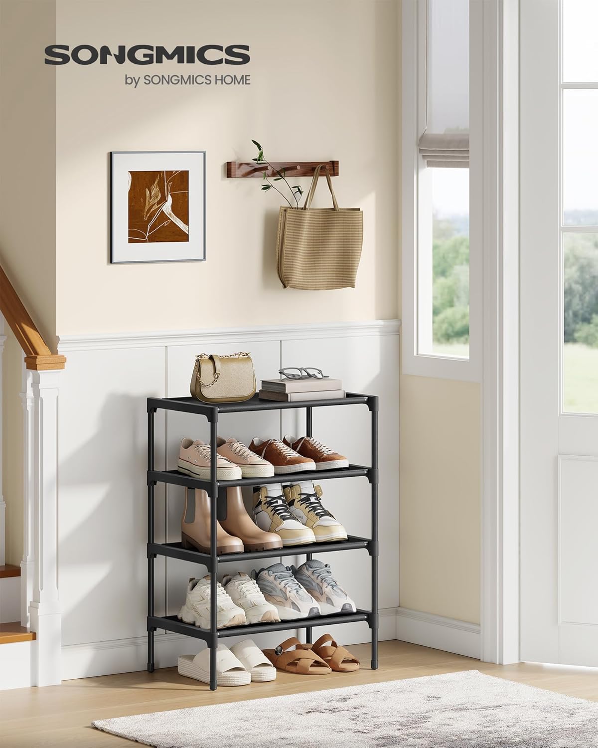 SONGMICS Shoe Rack, 2-Tier Shoe Storage Organizer, Space-Saving, 11.7 x 16.5 x 12.2 Inches, Entryway, Metal Frame, Non-Woven Fabric Shelves, Ink Black ULSH012BH01