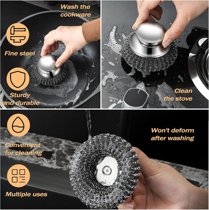Heavy Duty Stainless Steel Scrubber Set - Long & Short Handle with 5 Steel Wool Pads, Cast Iron & Pot Scrubber for Dishes, Pans, Grills, Stoves