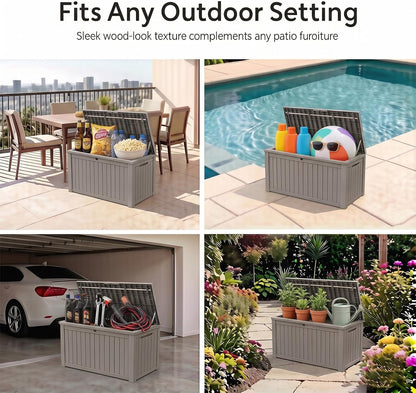 MAKINO 152 Gallon Resin Outdoor Storage Box, Waterproof Deck Box with Lockable Lid, Outside Storage Box for Patio Furniture, Pool Accessories, Garden Tools, Storage Bench for Backyard, Porch, Black