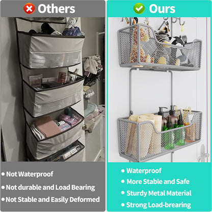 HapiRm Over The Door Organizer - Hanging Door Organizer with 4 Metal Large Capacity Baskets and Adjustable Coat Hook for Bathroom Bedroom Kitchen Pantry Closet Cabinet