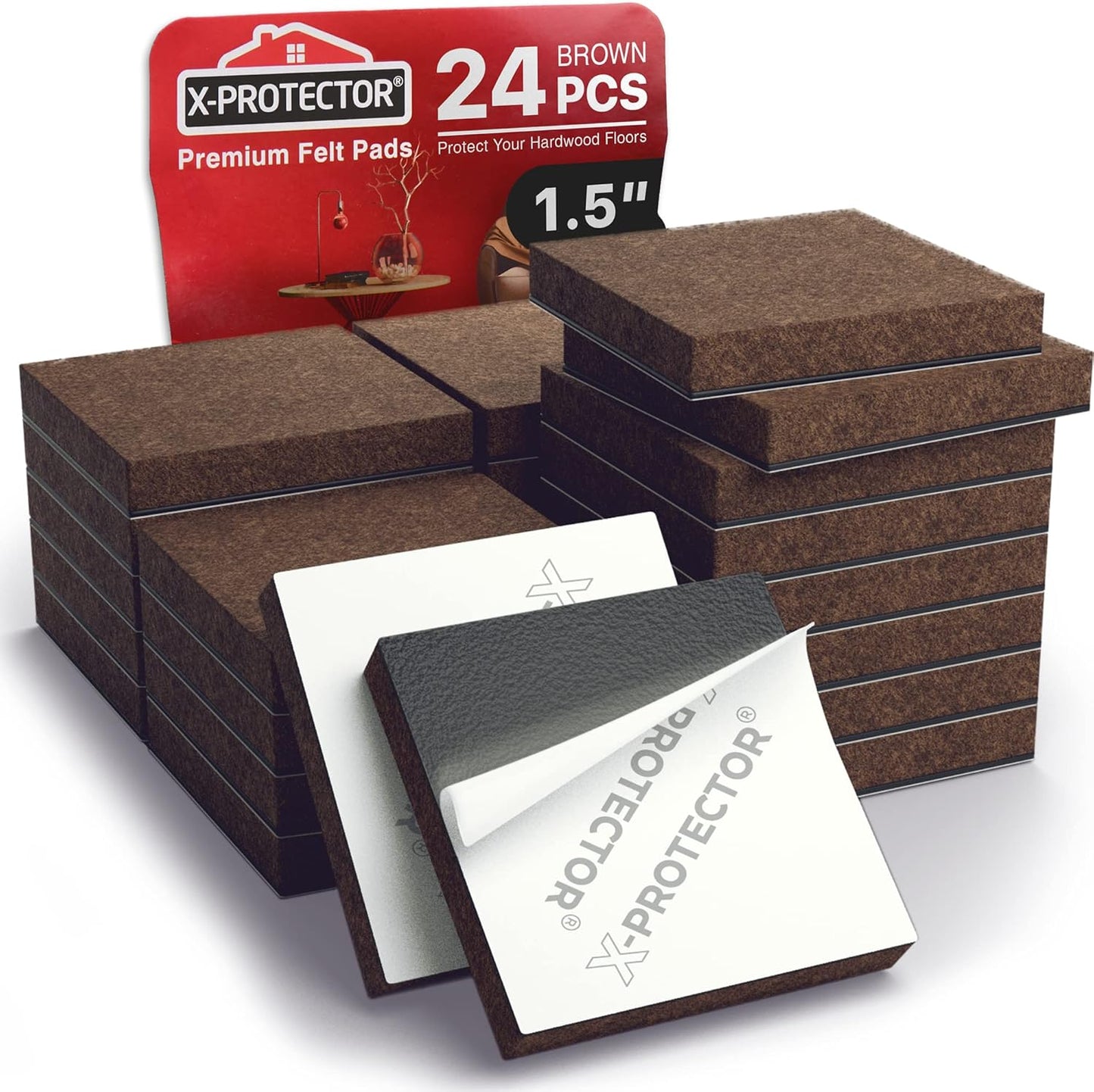 24 Heavy-Duty Felt Furniture Pads 1” 1/4” Thick X-Protector! Square Felt Pads for Furniture Feet - The Best Felt Floor Protectors for Furniture to Prevent Scratches. Protect Your Hard Floor! (Brown)