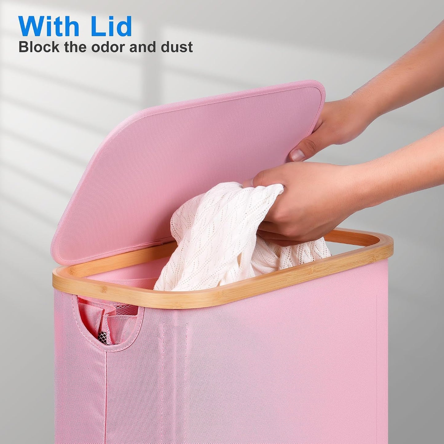 efluky Slim Laundry Basket with Lid, Narrow Laundry Hamper with Removable Bag, Skinny Dirty Clothes Basket with Bamboo Handles for Bathroom, Bedroom & Laundry Room, 75L Beige