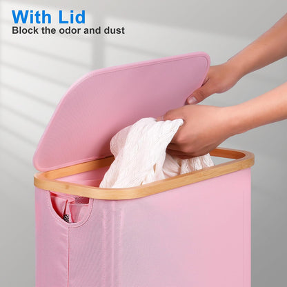 efluky Slim Laundry Basket with Lid, Narrow Laundry Hamper with Removable Bag, Skinny Dirty Clothes Basket with Bamboo Handles for Bathroom, Bedroom & Laundry Room, 75L Beige