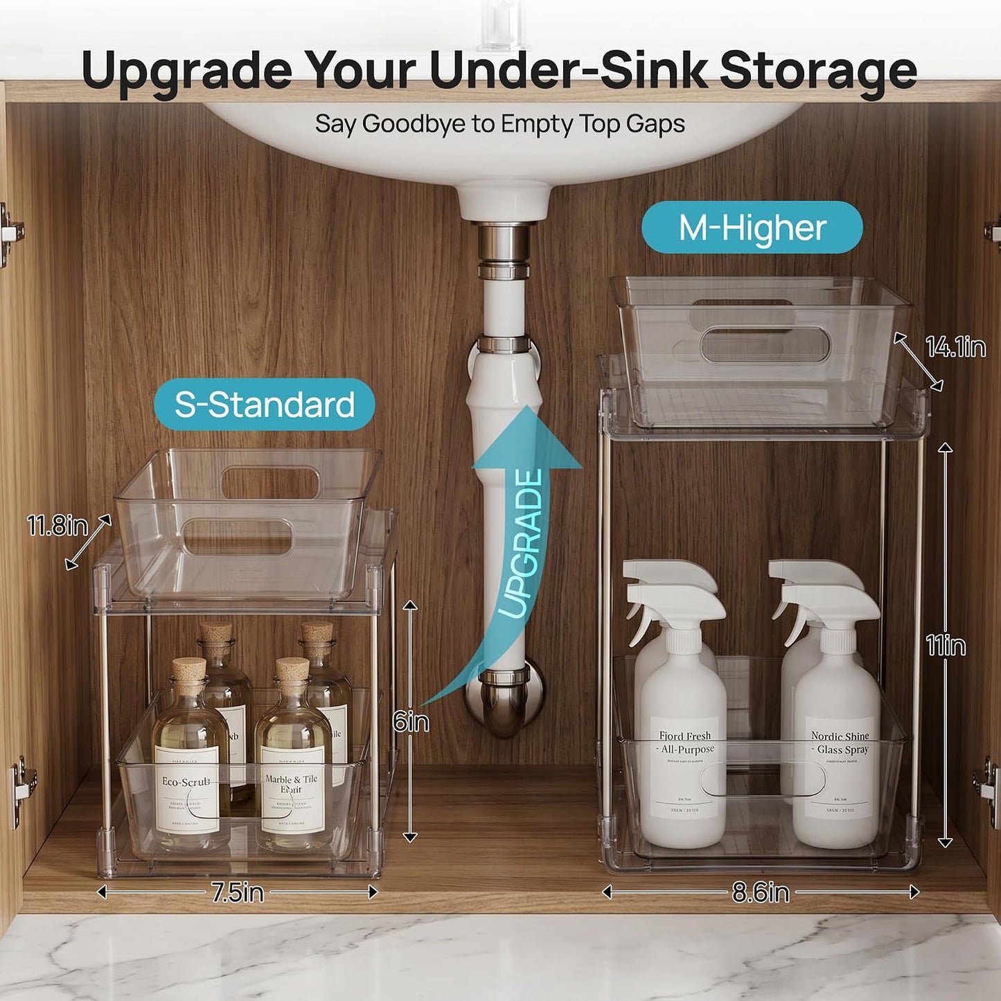 Vtopmart 2 Tier Bathroom Storage Organizer, 2 Pack Clear Under Sink Organizers Vanity Counter Container, Cabinet Drawers Bins, Pull-Out Organization with Track for Pantry, Kitchen