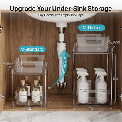 Vtopmart 2 Tier Bathroom Storage Organizer, 2 Pack Clear Under Sink Organizers Vanity Counter Container, Cabinet Drawers Bins, Pull-Out Organization with Track for Pantry, Kitchen