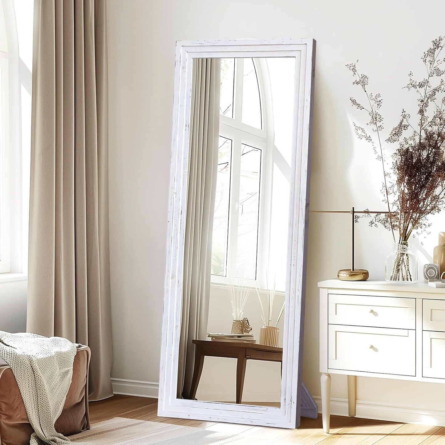 65"x22" Full Length Mirror Solid Wood Frame Floor Mirror with Stand for Living Room, Bedroom Hanging Standing or Leaning, Brown