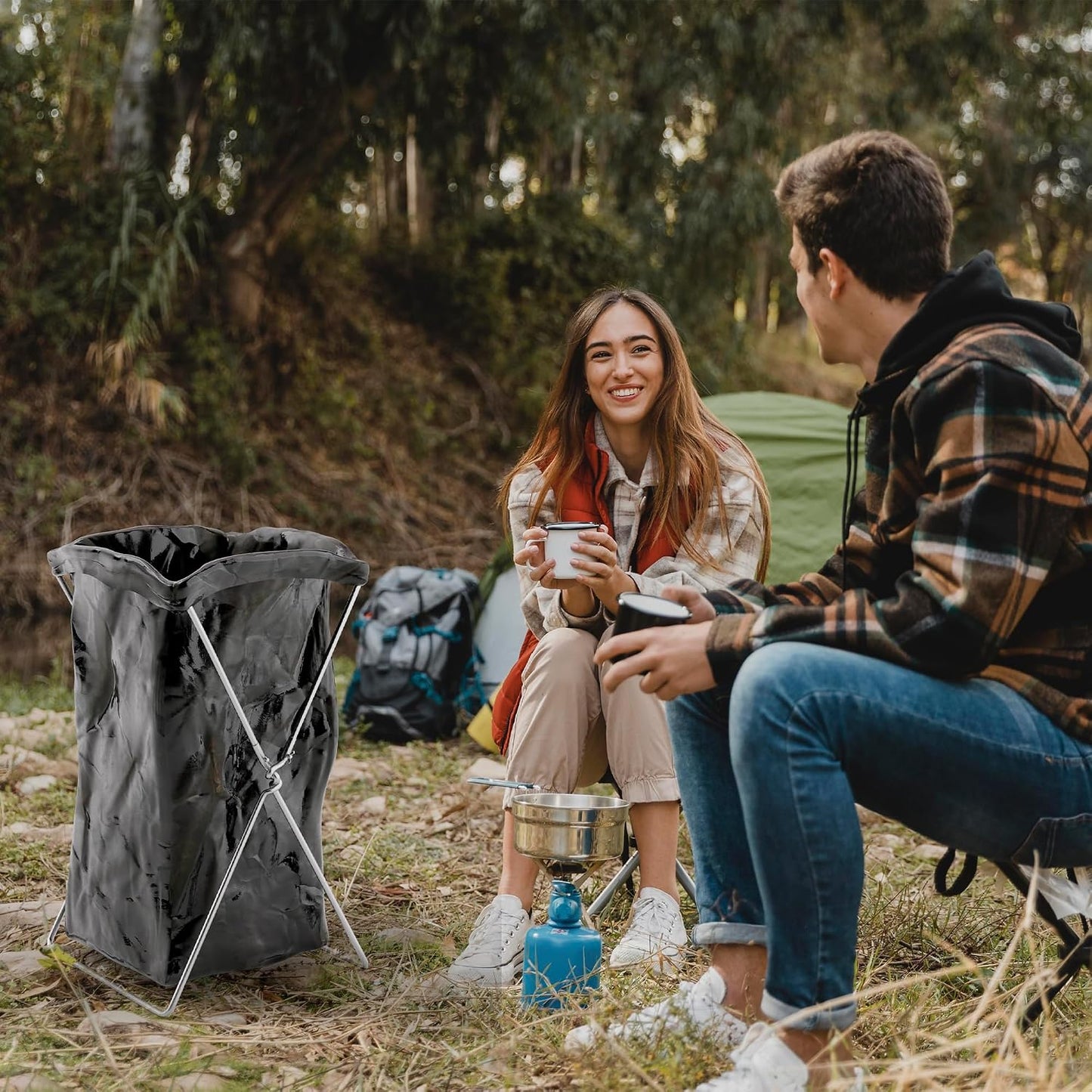 APQ Supply Outdoor Trash Bag Holder for Plastic Bags, 18 x 14 x 32 Inches. Portable Garbage Bag Holder. Folding Wire Holders for Lawn. Collapsible X-Frame Stand Bags for Garden, Laundry, Yard