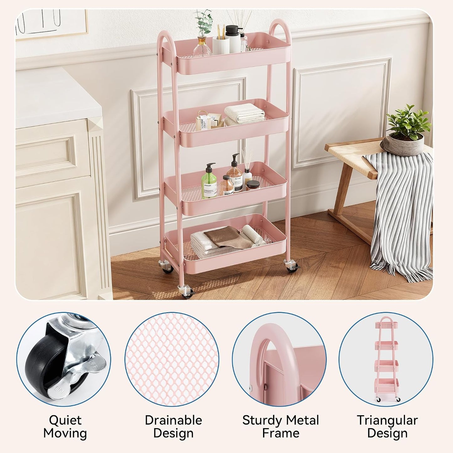 NEWBULIG 3-Tier Rolling Storage Cart, Metal Mobile Utility Organizer Shelf with Lockable Wheels, Space-Saving Freestanding Storage for Bathroom Living Room and Narrow Corner Spaces, Green