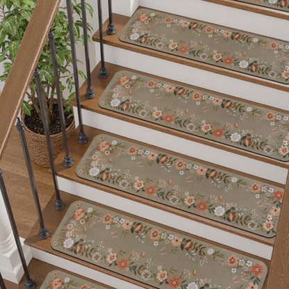 OJIA Floral Stair Treads Non-Slip Carpet Stair Treads for Wooden Steps Indoor 15PCS 30"x8" Stair Runner Stair Mats Staircase Step Treads for Kids, Elders and Dogs, Stair Covers, Black