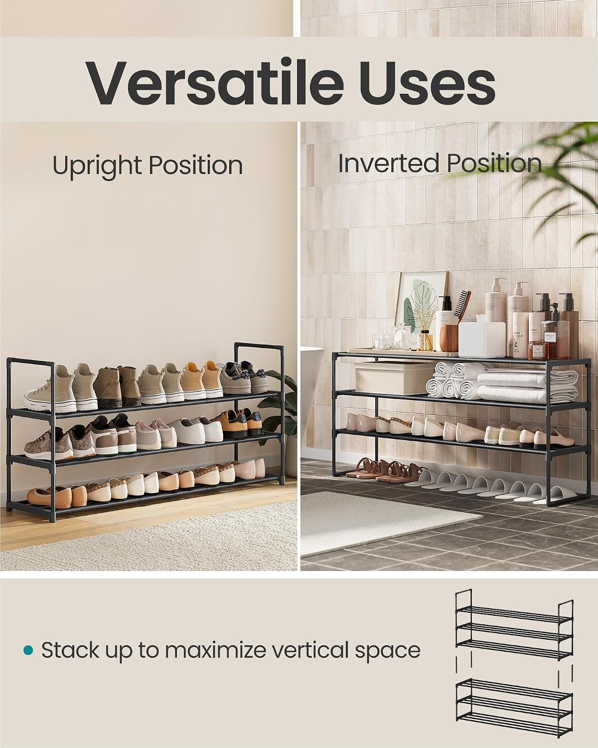 SONGMICS Shoe Rack, 6-Tier Shoe Organizer, Metal Storage Shelf, Upright or Upside Down, for 24-30 Pairs, Stackable, for Entryway, 11.8 x 36.2 x 42.7 Inches, Black ULSA306BH01