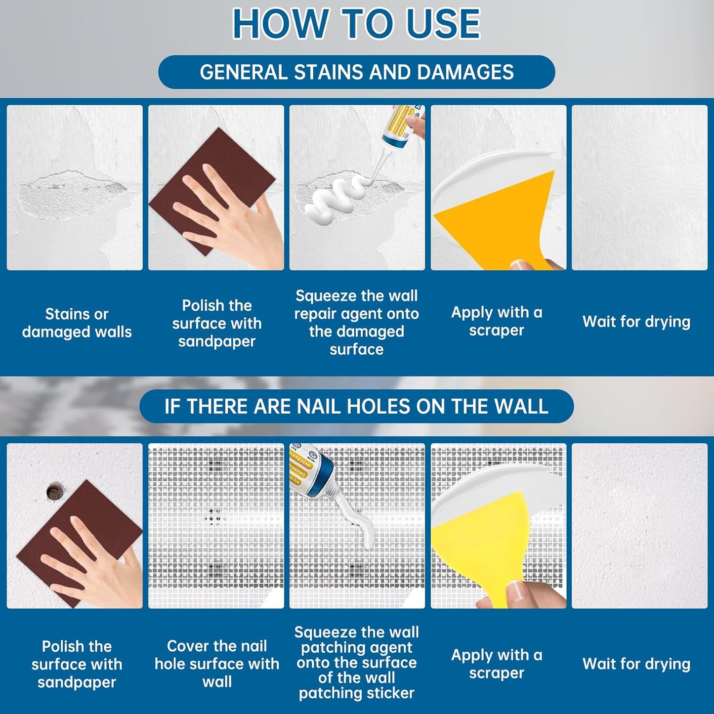 2 Pack Drywall Repair Kit,Wall Mending Agent with Scraper,Drywall Patch Repair Kit with Spackle Paste,Wall Hole Filler Putty for Filling Cracks & Holes,Quick Easy Plaster Wall Repair
