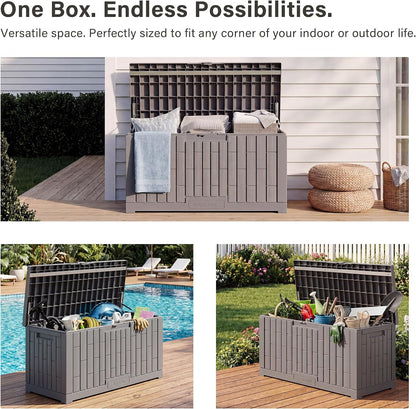 EAST OAK Outdoor Storage Box, 31 Gallon Deck Box Indoor and Outdoor Use, Waterproof Resin Storage Bin for Package Delivery, Patio Cushions, Gardening Tools, Lockable, UV Resistant, Grey