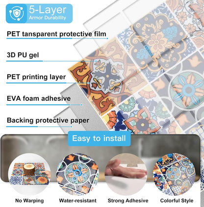 Art3d Talavera Hand-painted Waterproof Peel and Stick Backsplash Tile for Kitchen & Living Room, Sun & Moon Floral Design - 10-Pack of 12 x 12 Inch