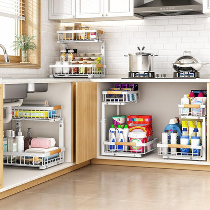 PXRACK Under Sink Organizer, Adjustable Height, 2 Tier Pull Out Under Cabinet Organizer, Slide Out Thickened Metal Under Sink Storage for Kitchen Bathroom Laundry Pantry Cabinet, White, Large-1-Pack