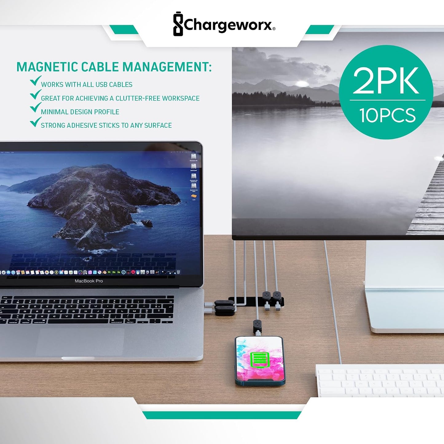 Chargeworx Magnetic Cable Clips - Cord Holder Organizer, No Drill Self-Adhesive Base, Cable Organizer, Repositionable Magnetic Clips, 5-Pack, USB-C Lightning Micro-USB, Desk Nightstand Wall Car, Black