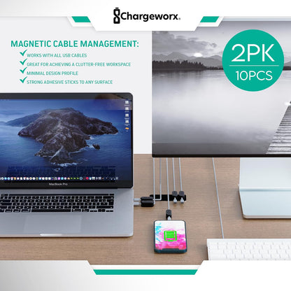 Chargeworx Magnetic Cable Clips - Cord Holder Organizer, No Drill Self-Adhesive Base, Cable Organizer, Repositionable Magnetic Clips, 5-Pack, USB-C Lightning Micro-USB, Desk Nightstand Wall Car, Black