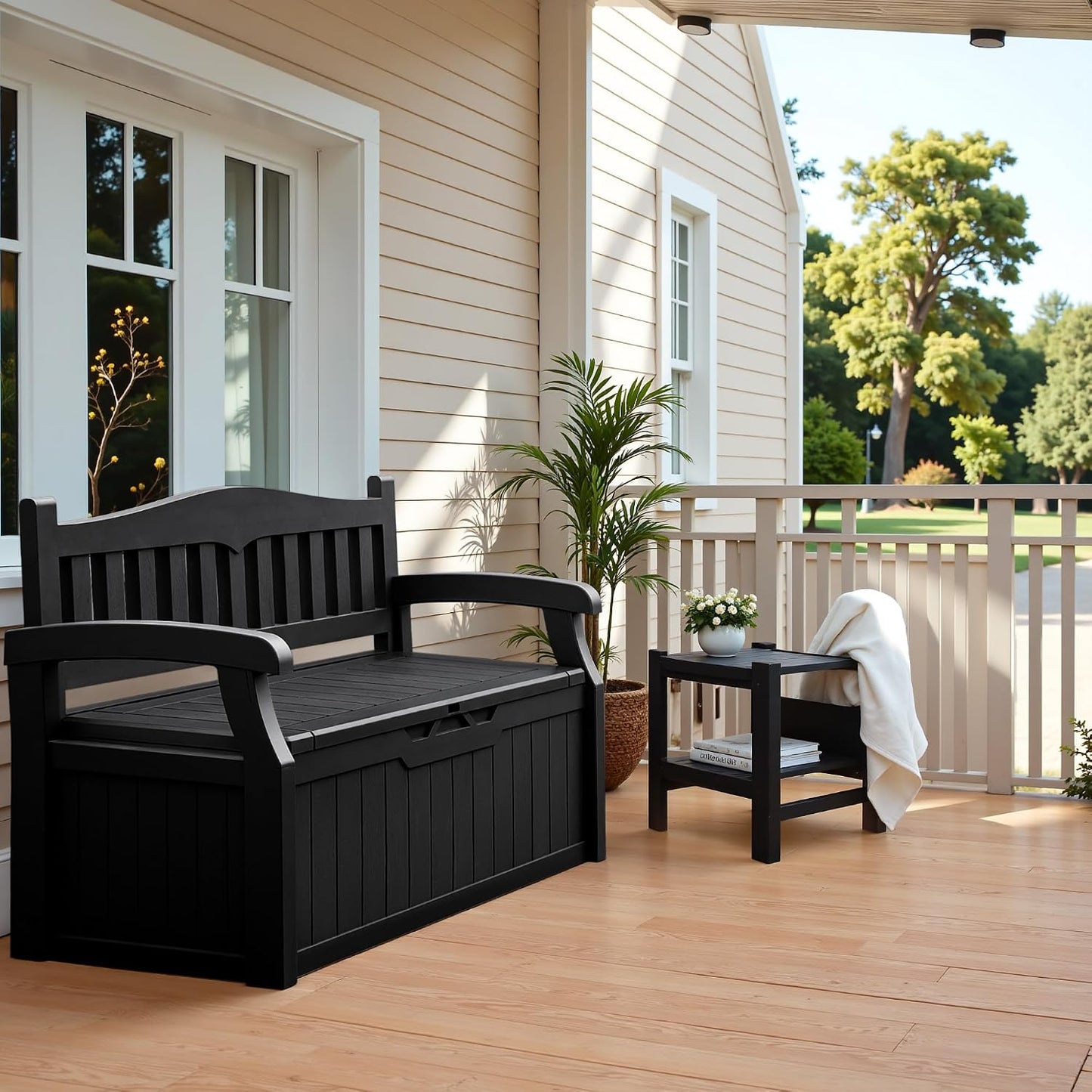 Flamaker 80 Gallon Storage Bench Outdoor Indoor, Durable All-Weather Seating with Hidden Storage, Lockable Deck Box for Garden, Patio, Poolside (Brown)