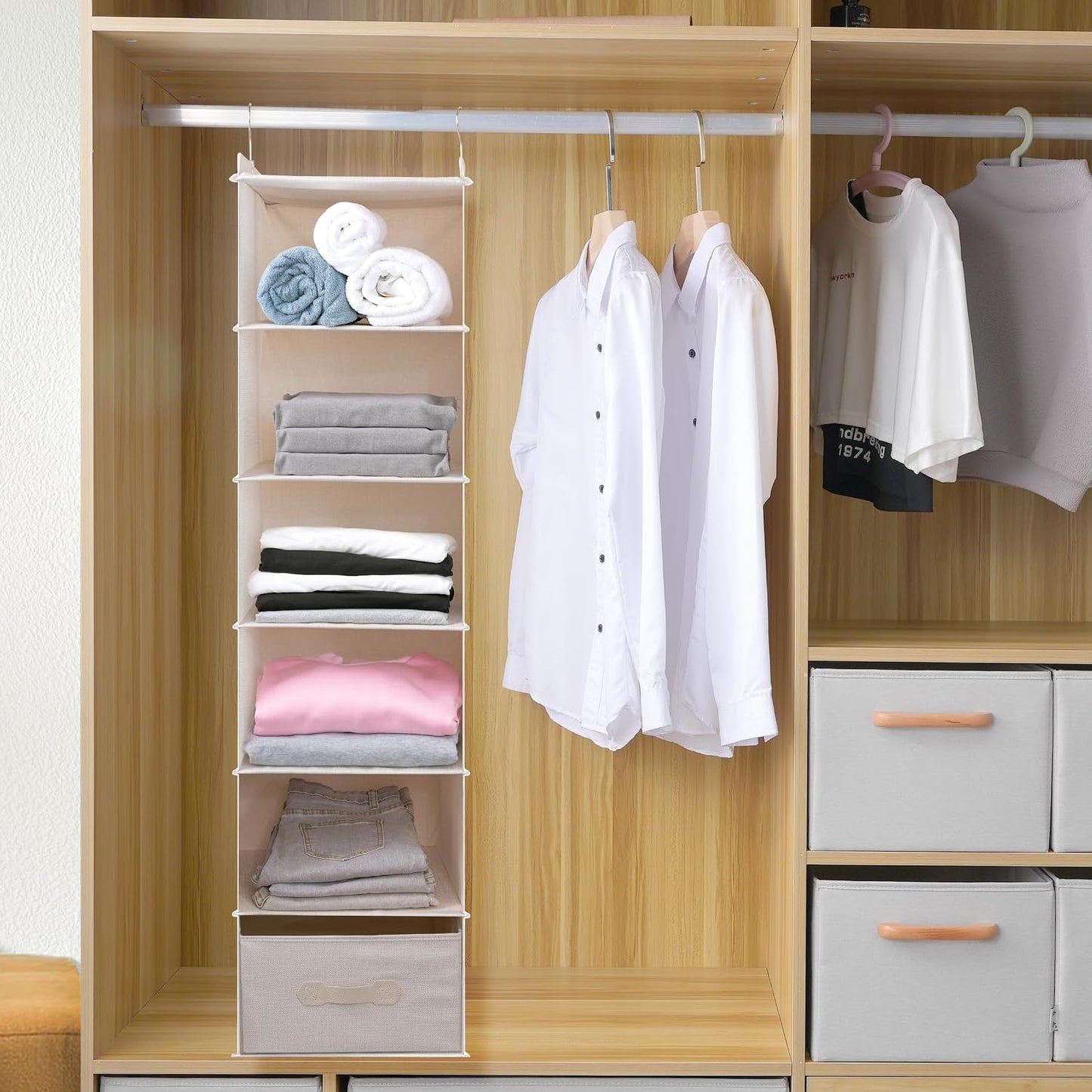 Large Hanging Sweater Organizer for Closet,Collapsible 6-Shelf Hanging Closet Shelves with Drawers, Washable (Grey-6 Shelf)