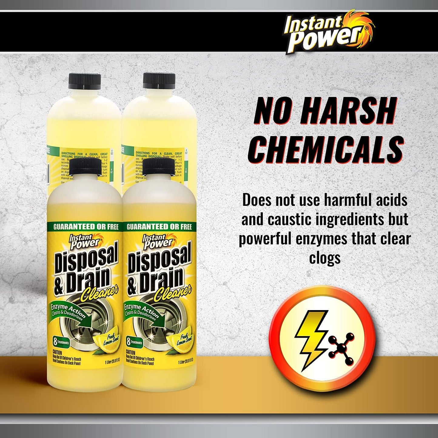 Instant Power Disposal and Drain Cleaner – Liquid Enzyme Clog Remover, Cleans and Deodorizes, Removes Drain Blockages, Fresh Lemon Scent, 33.8 Fl oz, 1 Liter