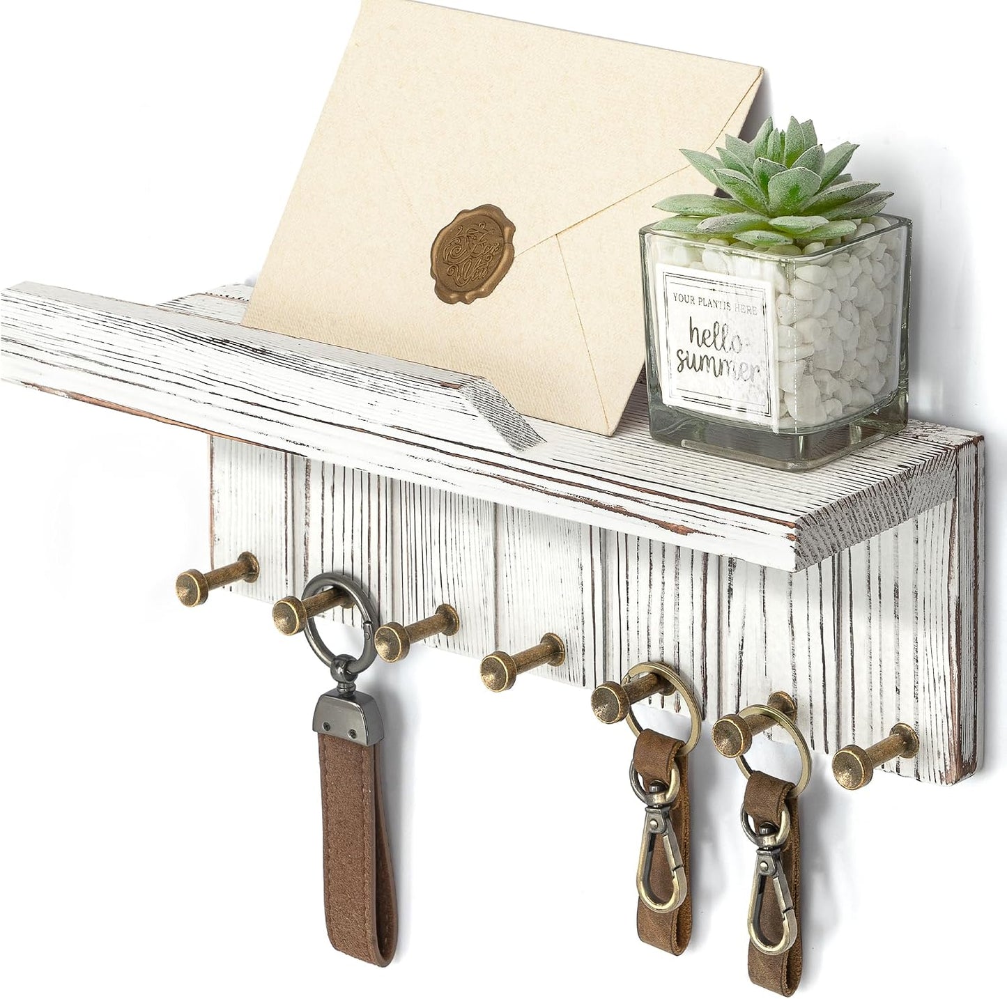 Rebee Vision Small Key Holder Wall Mount for Farmhouse Decor - Key and Mail Holder for Wall with Shelf and 4 Key Hooks - Room Decor Aesthetic (Distressed Blue)