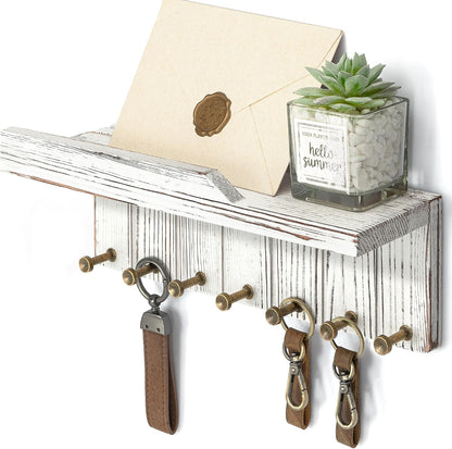 Rebee Vision Small Key Holder Wall Mount for Farmhouse Decor - Key and Mail Holder for Wall with Shelf and 4 Key Hooks - Room Decor Aesthetic (Distressed Blue)