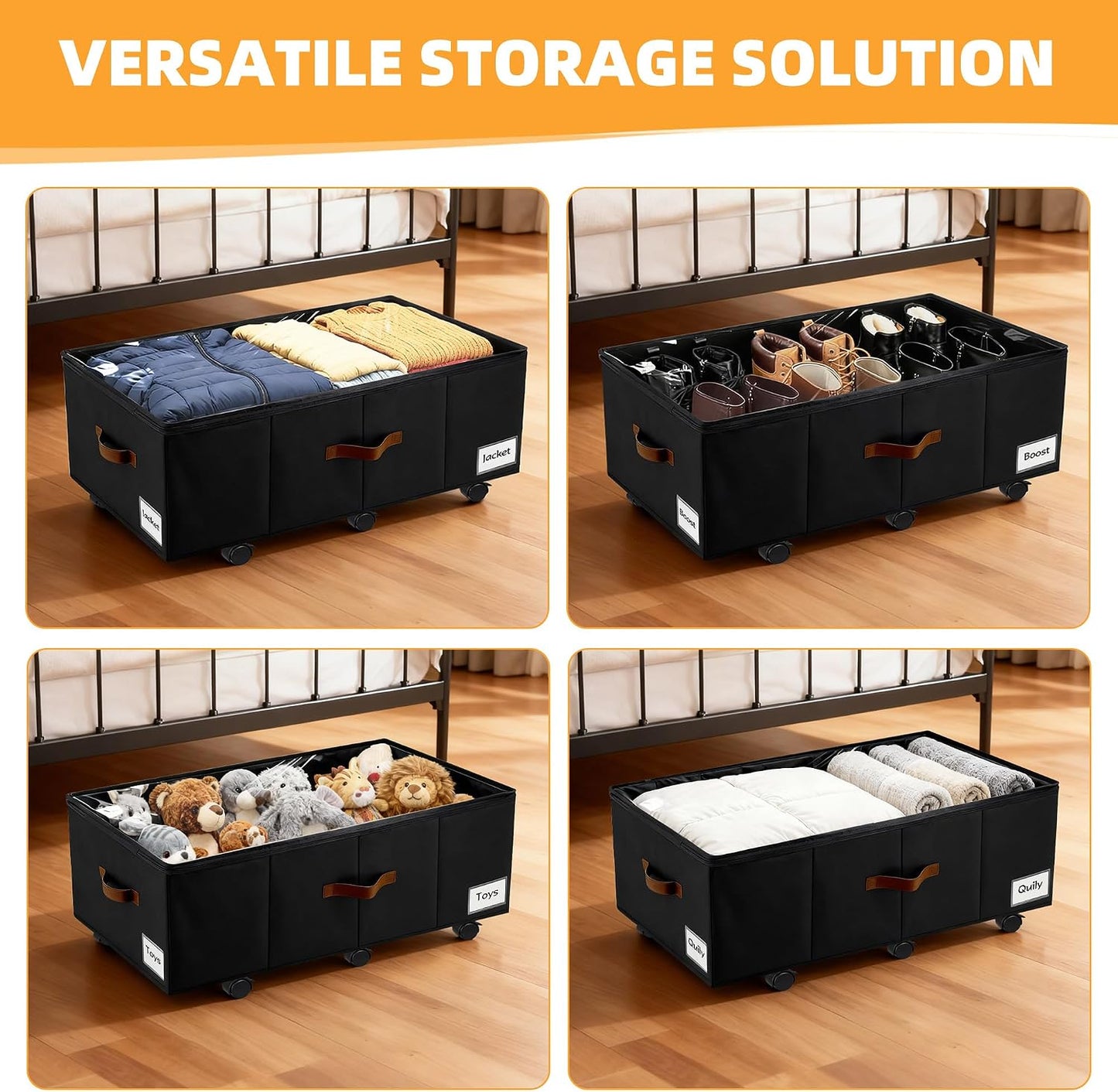 Under Bed Storage with Wheels,Underbed Storage with Sturdy Sidewalls/Bottom, Clear Cover, Label and PU Handle, Rolling Under Bed Drawers for Clothes, Shoes, 6.5 Inch Height,Black, 2 Pack