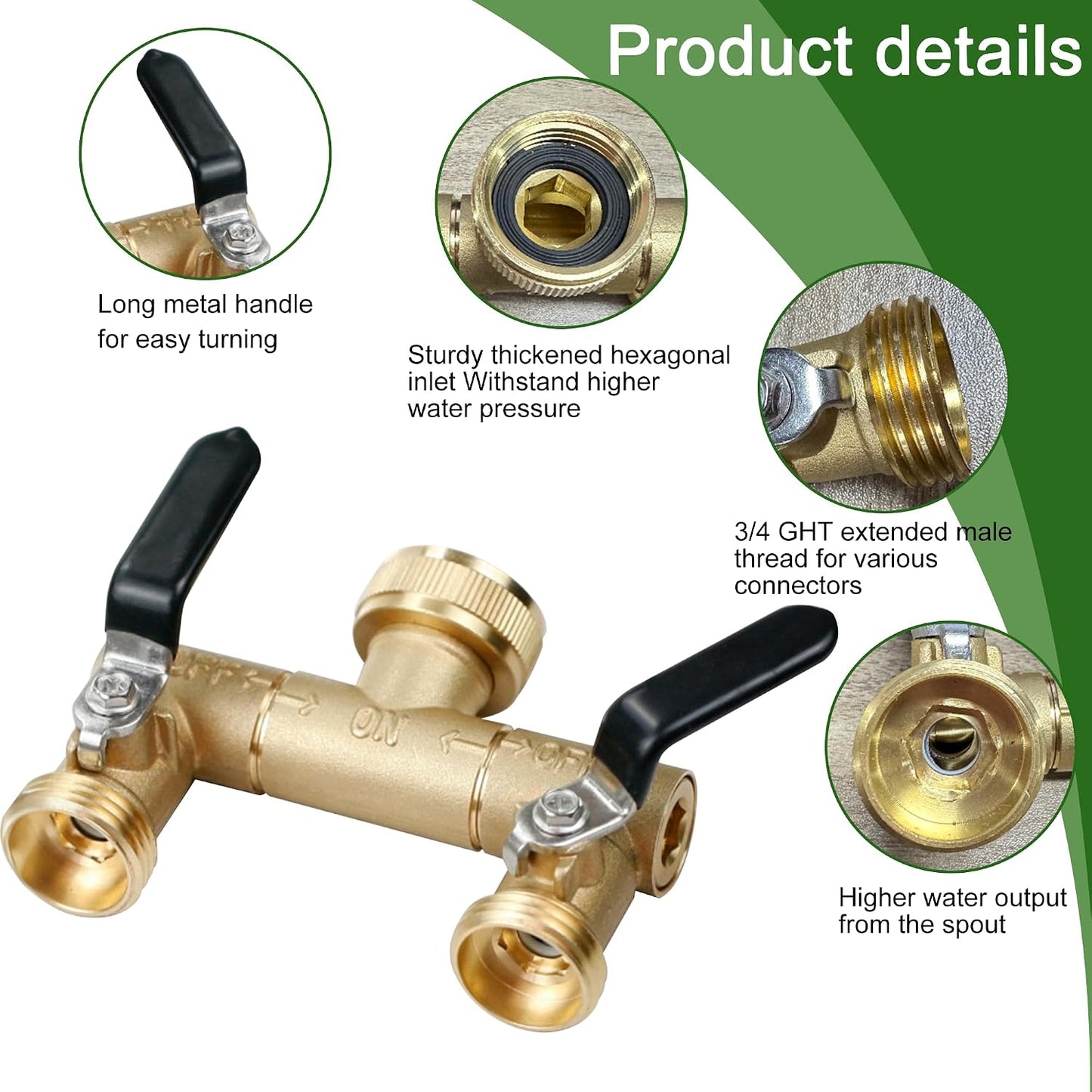 Garden Hose Splitter,2 Way Heavy Duty Outdoor Faucet Splitter, 360° Rotating Adapter,Long Handles High Flow Hose Adapter,with Shutoff Valves,3/4" GHT Thread