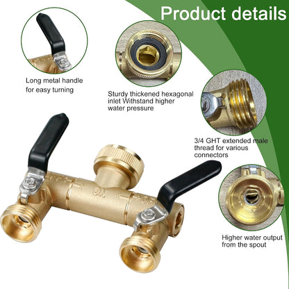 Garden Hose Splitter,2 Way Heavy Duty Outdoor Faucet Splitter, 360° Rotating Adapter,Long Handles High Flow Hose Adapter,with Shutoff Valves,3/4" GHT Thread