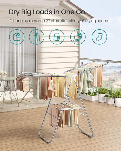 SONGMICS Clothes Drying Rack, Foldable Laundry Drying Rack, Blue | Sock Clips, Metal Clothes Airer with Height-Adjustable Gullwings, Space-Saving, Indoor Outdoor, ULLR505EQ01
