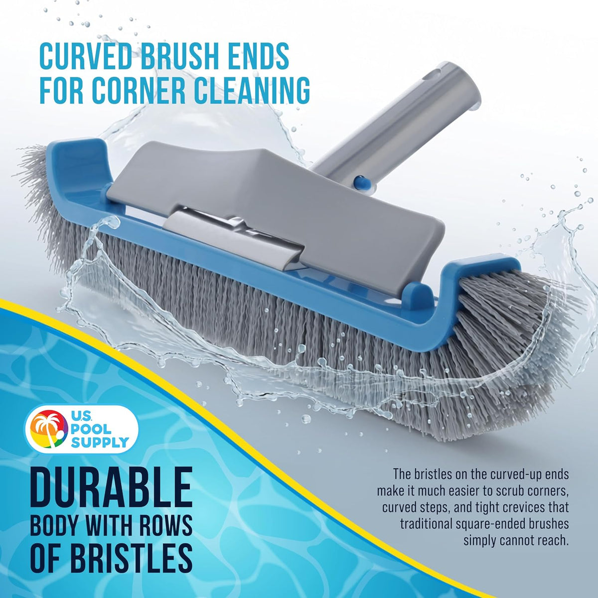 U.S. Pool Supply 13" Pool Brush with Rubber Bristles and Squeegee Edge - Safe for Vinyl Liners, Ideal for Above-Ground Pools, Aluminum Pole Handle - Scrub Leaves Debris from Walls, Floors, Corners
