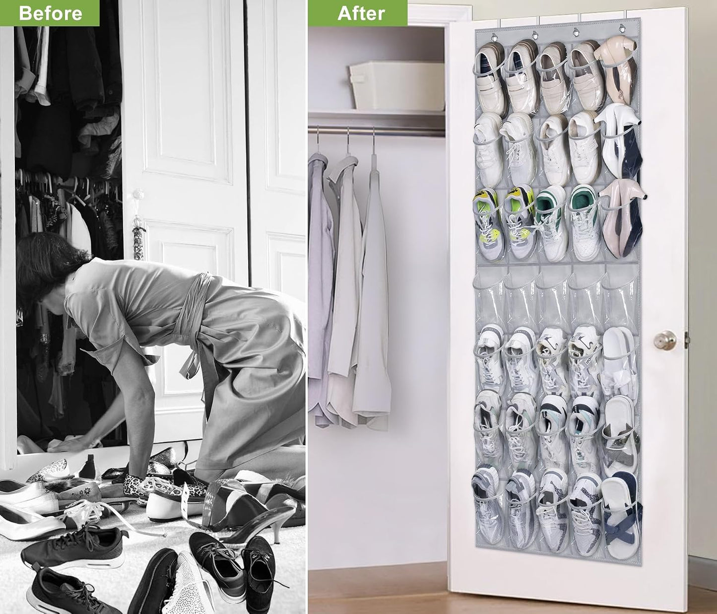 MISSLO 35 Clear Large Pockets Over The Door Shoe Organizer Sturdy Oxford Fabric Hanging Shoe Rack Closet Shoe Holder Hanger, White
