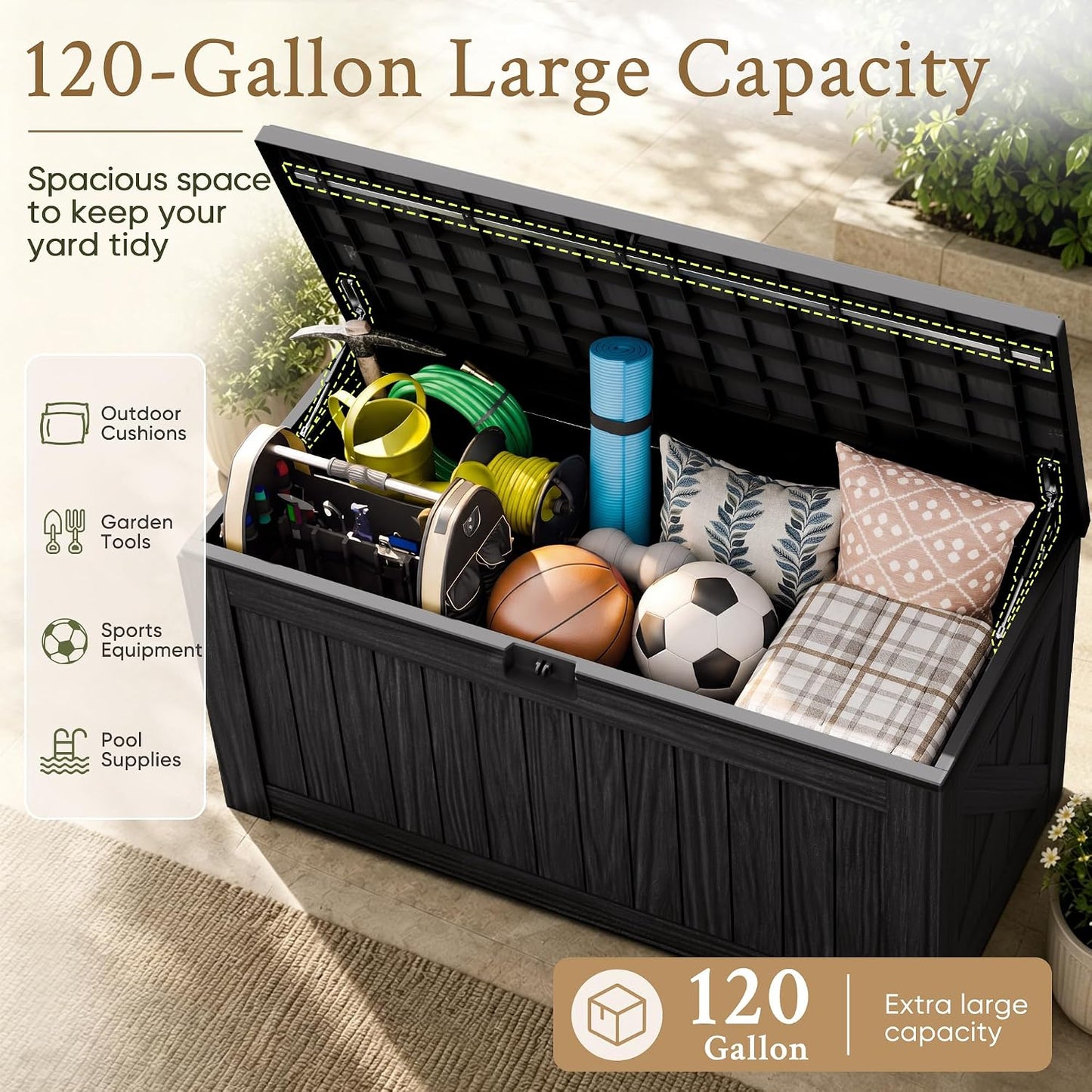 Devoko 120 Gallon Deck Box Resin Outdoor Storage Box Waterproof for Patio, Large Outdoor Storage Bench Lockable for Outside (Black)