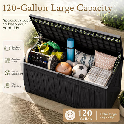 Devoko 120 Gallon Deck Box Resin Outdoor Storage Box Waterproof for Patio, Large Outdoor Storage Bench Lockable for Outside (Black)