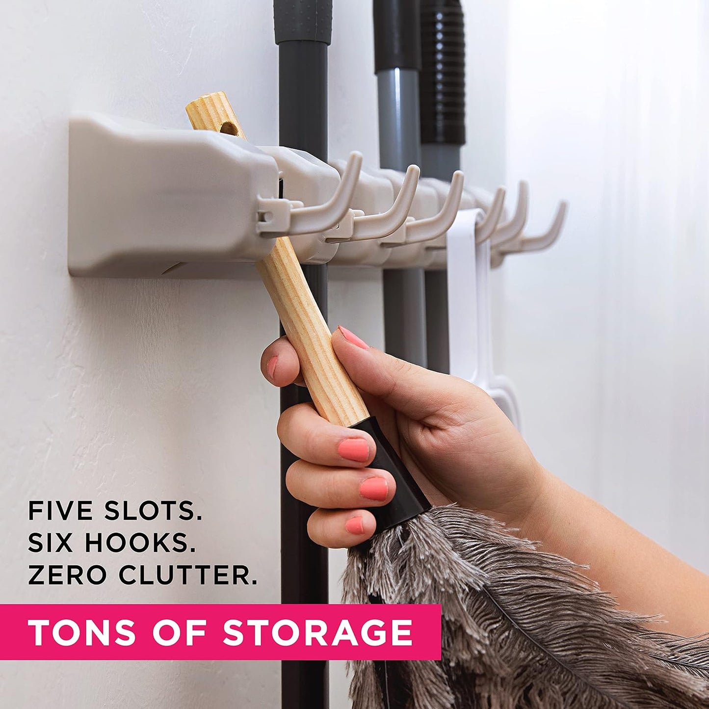 Broom Holder Wall Mount, Mop and Broom Organizer – Wall Mounted Broom Rack & Mop Rack, Rack for Brooms and Mops | Broom Hanger Wall Mount with 5 Slots & 6 Hooks, Kitchen Garage Laundry Garden