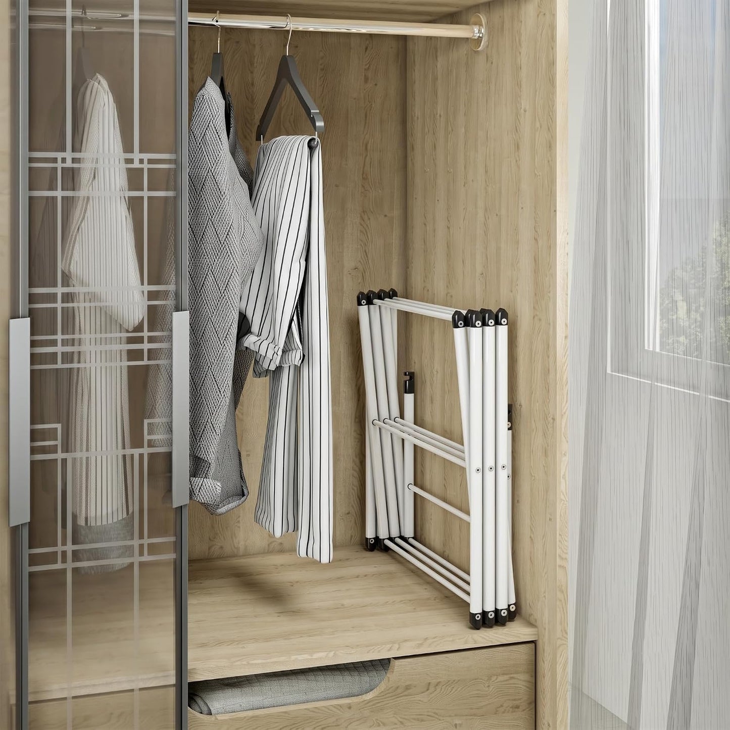 Honey-Can-Do Heavy-Duty Gullwing Clothes Drying Rack, 50 lb, White | Gullwing rack adds 46 ft of drying space with dedicated shoe bars. Sturdy metal, 50 lb capacity, folds flat.