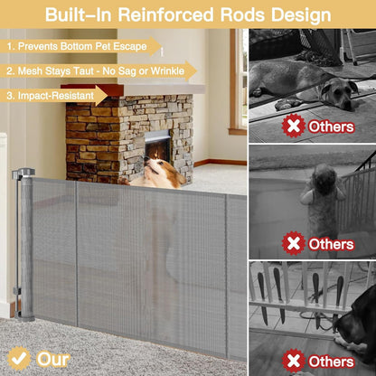 Reinforced 28-Inch Tall Retractable Baby Gates for Doorways, Walk Through Pet Gate for Stairs, Short Baby Gate with Support Rods, 55 Inch Wide Mesh Gate Retractable Gate Small Dog Gate, Gray