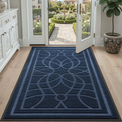 DEXI Front Door Mat Outside Entrance, Heavy Duty Non Slip Low Profile Doormat for Entryway, Trap Dirt and Moisture Welcome Mats, Easy Clean, Patio, Garage, 3x2, Blue