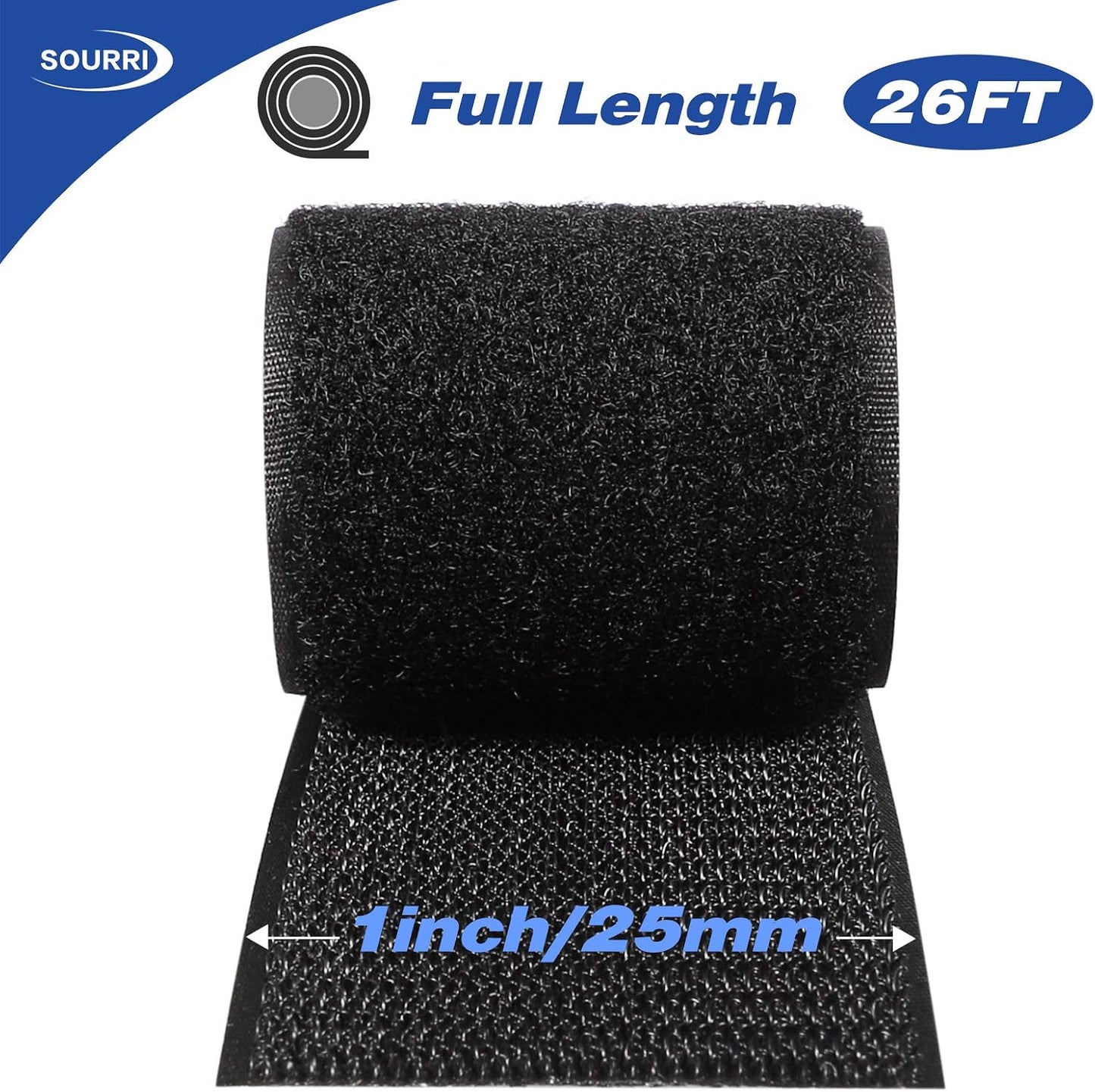 26Feet Hook and Loop Tape Sticky Back Fastener Roll, Nylon Self Adhesive Heavy Duty Strips Fastener for Home Office School Car and Crafting Organization (1, Black-3m, 26ft x 1in)