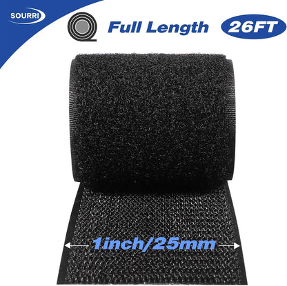 26Feet Hook and Loop Tape Sticky Back Fastener Roll, Nylon Self Adhesive Heavy Duty Strips Fastener for Home Office School Car and Crafting Organization (1, Black-3m, 26ft x 1in)
