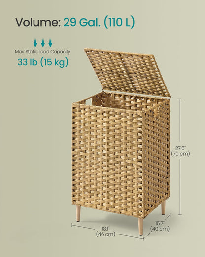 SONGMICS 3-Section Laundry Hamper with Lid, 42.2 Gal (160L) PE Rattan Laundry Basket with Removable Washable Liners, for Bedroom & Living Room, Chestnut Brown ULCB223ME01