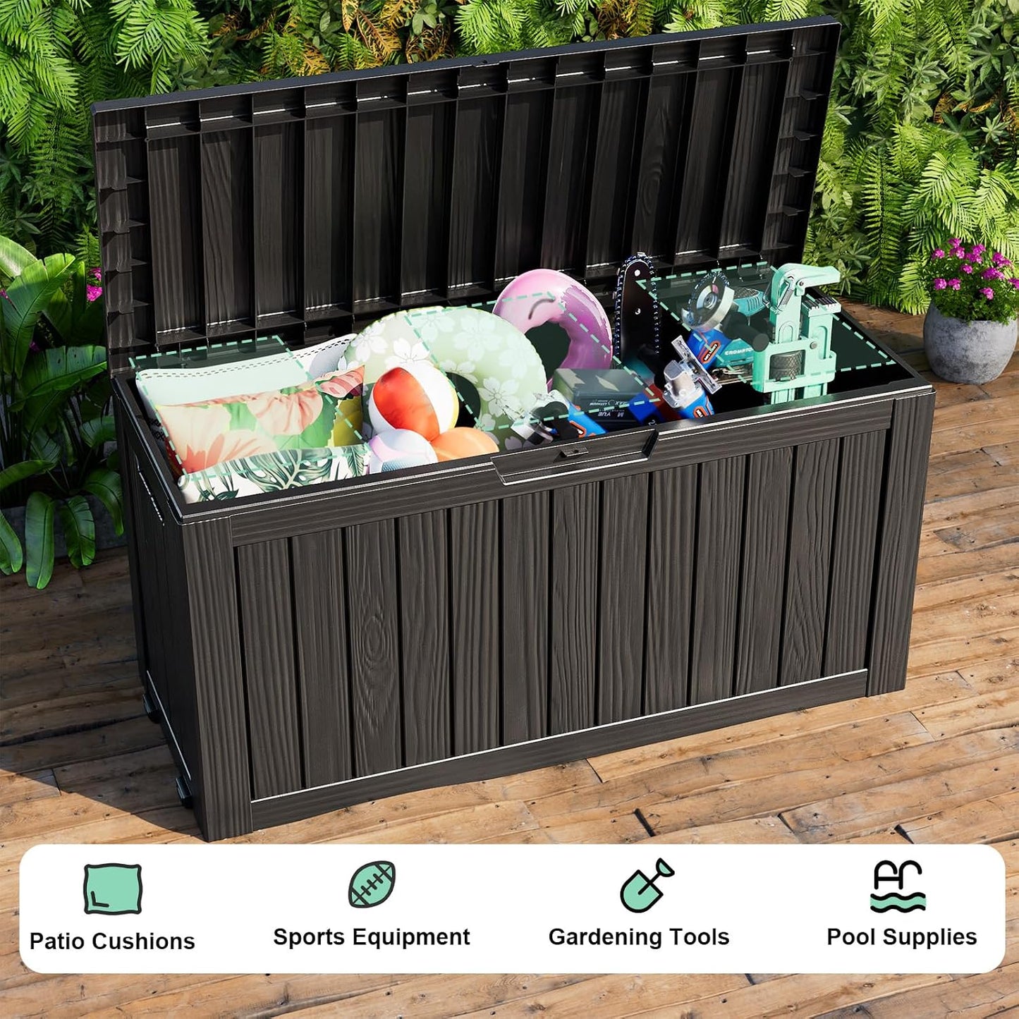 DRATO 35 Gallon Outdoor Storage Box Waterproof, Resin Small Deck Box for Patio Furniture Bench, Pool Garden Tools, Weatherproof Outside Storage Bin for Backyard Porch (Black, 35 Gallon)